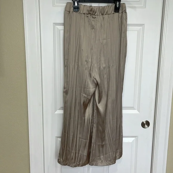 Zara Satin Pants Large Taupe Wide Leg Elastic Waist Lightweight Wrinkle Effect - Picture 11 of 16